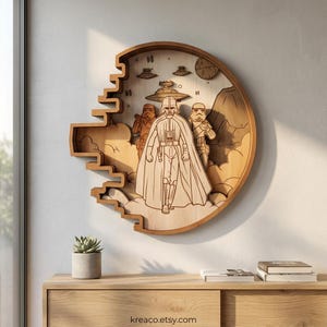 May include: Wooden wall art featuring a Star Wars scene with Darth Vader, Stormtroopers, and spaceships. The artwork is laser-cut and layered, creating a 3D effect. The design is set within a circular frame with a Death Star outline.