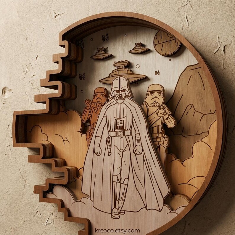 May include: Wooden Star Wars wall art featuring Darth Vader, Stormtroopers, and Imperial ships. The artwork is laser-cut with a layered design, showcasing a scene from the iconic movie series. The piece is circular with a unique staircase-like cutout on the left side.