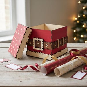 Op de afbeelding: Een rode houten doos met een ontwerp van een kerstman-riem, open om de binnenkant te onthullen. De deksel heeft een roze sterrenpatroon. Rollen cadeaupapier en cadeaulabels liggen in de buurt.