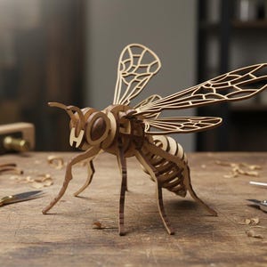 Op de afbeelding: Een gedetailleerd houten wespmodel met ingewikkelde uitgesneden vleugels en lichaamssegmenten. De insectensculptuur is gemaakt van licht en donkerbruin hout en staat op een houten oppervlak. Knutselgereedschap en lijm staan op de achtergrond.