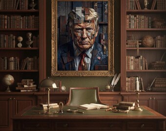 Impresión artística digital con retrato abstracto moderno de Donald Trump, decoración de pared presidencial audaz, obra de arte político contemporáneo de alta gama.