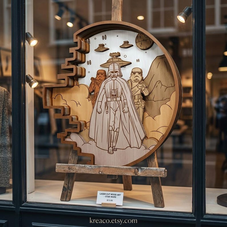 May include: Laser-cut wood art depicting Star Wars characters, including Darth Vader and Stormtroopers, displayed on a wooden easel. The artwork features a layered design with intricate details and a circular backdrop. The sign says "Laser Cut Wood Art - Star Wars".