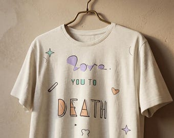 Impresión artística gótica de San Valentín "Te amo hasta la muerte", tipografía de carboncillo dibujada a mano, decoración de pared emo romántica oscura, regalo para enamorados.