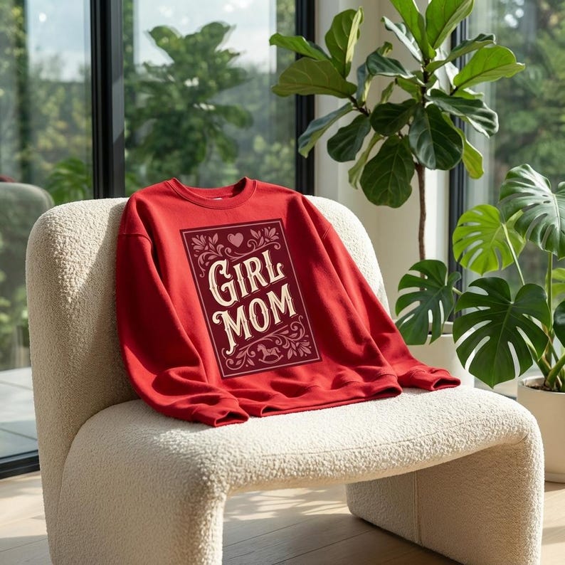 Puede incluir: Una sudadera roja con las palabras "GIRL MOM" en un marco decorativo, con un coraz&oacute;n y un balanc&iacute;n. La sudadera est&aacute; colocada sobre una silla color crema. Se ven plantas en el fondo.