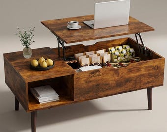 Mesa de centro elevable con almacenamiento, escritorio ajustable de madera maciza