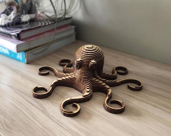 Archivo de corte láser de pulpo en capas, rompecabezas de madera 3D, modelo de animal marino SVG DXF, plantilla de arte de madera CNC