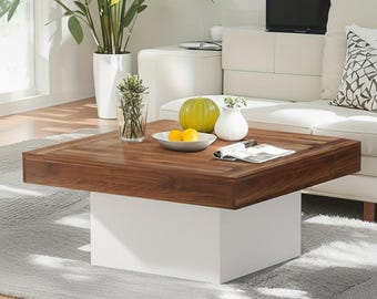 Modern Square Coffee Table - Walnut Wood Top & White Plinth Base - Minimalist Living Room Furniture