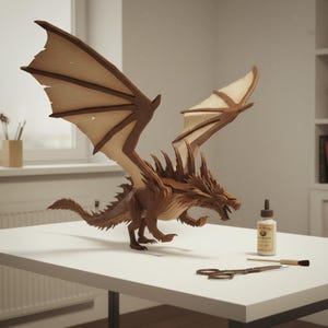 Könnte beinhalten: Detailliertes, braunes Drachenmodell mit ausgebreiteten Flügeln, hergestellt aus geschichteten Materialien. Der Drache steht auf einer weißen Oberfläche, mit einer Klebstoffflasche, einem Pinsel und einer Schere in der Nähe. Die Flügel haben eine hellbraune Farbe.