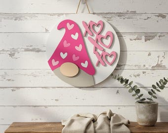 Colgante de puerta con forma de gnomo cortado con láser, corazones XOXO, decoración para el Día de San Valentín