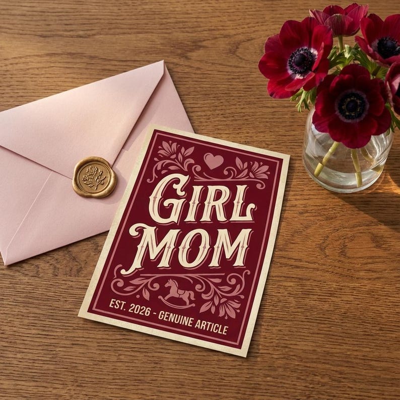 Puede incluir: Una tarjeta burdeos con las palabras "GIRL MOM" en una fuente decorativa, acompa&ntilde;ada de un sobre rosa con un sello de cera dorado. La tarjeta tambi&eacute;n presenta una ilustraci&oacute;n de caballito balanc&iacute;n y el texto "EST. 2026 - GENUINE ARTICLE". Tambi&eacute;n hay un peque&ntilde;o jarr&oacute;n con flores rojas.