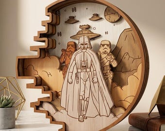 Arte de madera en capas de Star Wars SVG - Archivo de corte láser 3D de Darth Vader - Patrón de decoración de pared de ciencia ficción