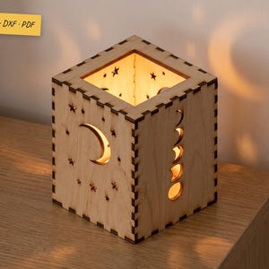 Plik do laserowego wycinania latarni z księżycem, pudełko na tealighty z fazami księżyca i gwiazdami w formacie SVG DXF, Glowforge xTool, 3 mm 4 mm 6 mm, lampka nocna w stylu boho