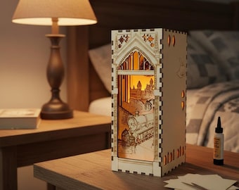 Plantilla de papel para rincón de libros en la estación de tren del mago, rincón de libros 3D imprimible en PDF, modelo de inserción de estantería de fantasía DIY