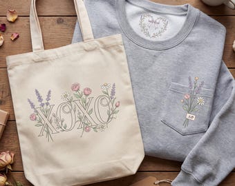 Diseño SVG PNG bordado de flor XOXO para cuello redondo y sudadera con capucha, archivo gráfico digital de sudadera con corazón floral para San Valentín.