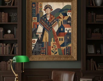 Descarga digital de arte mural folclórico tradicional, estampado floral rústico Nonna Chic, obra de arte folclórico vintage, póster de decoración acogedora estilo cottagecore.