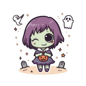 Könnte beinhalten: Ein Halloween-Aufkleber mit einem Cartoon-Zombie-Mädchen mit lila Haaren und grüner Haut, das einen Kürbis hält. Das Design umfasst Geister, Sterne und Grabsteine, alles in einem verspielten, skurrilen Stil.