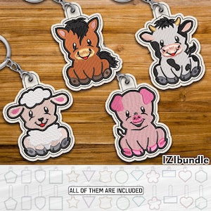 May include: Embroidered keyrings with a horse, cow, sheep, and pig design. Each keyring has a cartoon animal design with a white border and a silver keyring. The text "IZIbundle" and "ALL OF THEM ARE INCLUDED" are also visible.