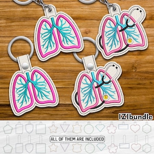 Applique Lungs Embroidery Keychain Design, Snap & Eyelet Key Fob Tab (Digital Download) ITH