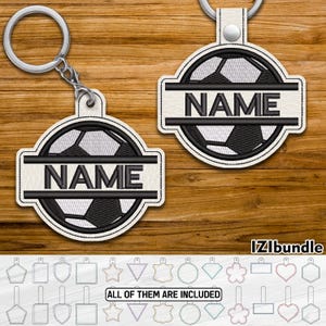 Diseño de llavero bordado con balón de fútbol dividido, cierre a presión y ojal (descarga digital) ITH