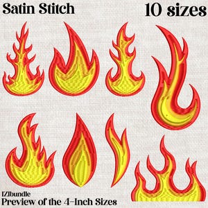 May include: A set of 10 embroidery designs of flames in various styles. The designs are in red and yellow and are perfect for adding a fiery touch to your projects. The text "Satin Stitch" and "10 sizes" is visible in the image.