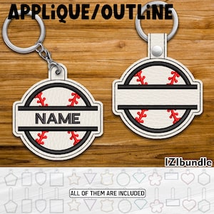 May include: Two baseball-themed keychains with a white background, black outline, and red stitching. One keychain has the word "NAME" in black. The text "APPLIQUE/OUTLINE" is at the top. The bottom of the image shows various keychain shapes. The text "IZIbundle" is also visible.