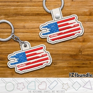 USA Flag Torn Embroidery Keychain Design, Snap & Eyelet Key Fob Tab (Digital Download) ITH
