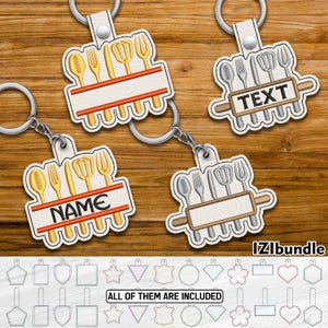 Split Kitchen Utensils Embroidery Keychain Design, Snap & Eyelet Key Fob Tab (Digital Download) ITH