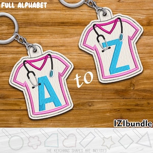 May include: A set of 26 alphabet letter keychains featuring a pink and white medical scrubs design with a stethoscope. The letters are blue and the keychains are available in a variety of shapes.