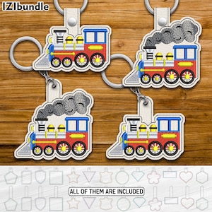 Può includere: Quattro portachiavi a forma di treno con dettagli rossi, blu, gialli e neri. Ogni portachiavi ha un anello argentato e un cinturino in pelle bianca. L'immagine include anche varie forme di contorno e il testo "ALL OF THEM ARE INCLUDED".