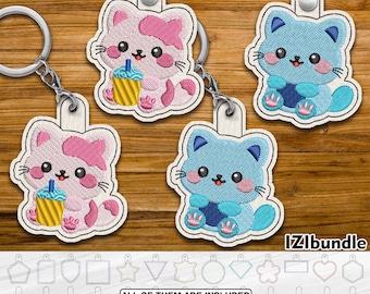 Kawaii Chibi Katzen Stickerei Schlüsselanhänger Design, Snap Key Fob Tab (Digitaler Download) ITH 167yy