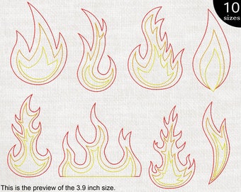 Pode incluir: Conjunto de 10 desenhos de bordado de chamas de diferentes tamanhos. As chamas são delineadas em vermelho e preenchidas com amarelo. Os desenhos são perfeitos para adicionar um toque de fogo aos seus projetos.