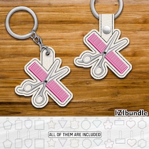 Scissors And Comb Embroidery Keychain Design, Snap & Eyelet Key Fob Tab (Digital Download) ITH