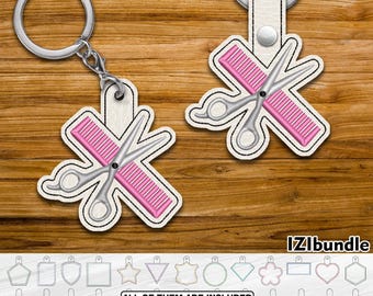 Schere Und Kamm Stickerei Schlüsselanhänger Design, Snap & Öse Key Fob Tab (Digitaler Download) ITH