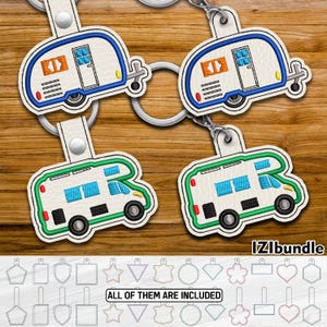 Diseño de llavero bordado con apliques para remolque de RV, cierre a presión y ojal (descarga digital) ITH