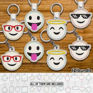 May include: A collection of embroidered emoji keychains with various expressions, including sunglasses, glasses, and a halo. Each keychain is attached to a silver keyring. The image also shows a variety of keychain shapes and the text "IZIbundle" and "ALL OF THEM ARE INCLUDED".