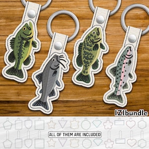 May include: Embroidered fish keychains in green, gray, and pink, with silver key rings and white leatherette straps. The keychains feature detailed fish designs. The image also includes a variety of keychain shape templates. The text "IZIbundle" and "ALL OF THEM ARE INCLUDED" are visible.
