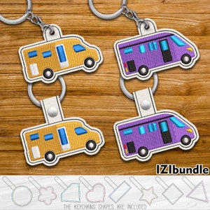 May include: Two sets of keychains featuring a yellow and purple camper van design. The keychains are attached to silver key rings. The image also includes a variety of keychain shapes, including a circle, star, heart, and rectangle.