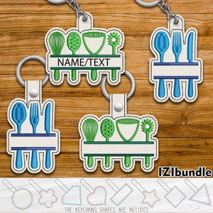 May include: Set of three embroidery designs for kitchen themed keychains. Each design features a white background with a blue or green border. The designs include a set of kitchen utensils, a set of cooking tools, and a set of kitchen utensils. The designs include a space for a name or text.