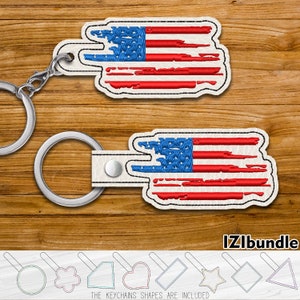 USA Flag Torn Embroidery Keychain Design, Snap & Eyelet Key Fob Tab (Digital Download) ITH