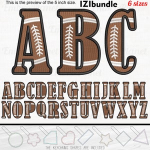 May include: A set of 26 alphabet letters in brown and white, designed to look like a football. The letters are in uppercase and are arranged in alphabetical order. The letters are 5 inches tall. The image also includes a set of 6 keychain shapes.