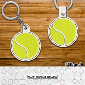 Diseño de llavero bordado con pelota de tenis, cierre a presión y ojal (descarga digital) ITH