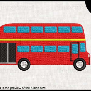 May include: A red double-decker bus with blue windows and black tires. The bus has a yellow stripe and black doors. The text at the bottom says, "This is the preview of the 5 inch size."