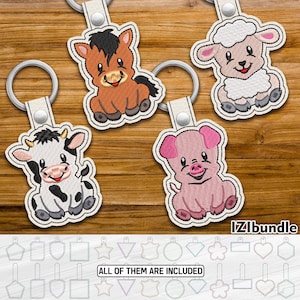 Broderad nyckelringsdesign med bondgårdsdjur, nyckelringsflik med nyckelring