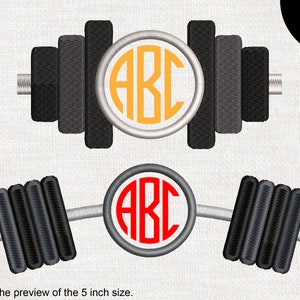May include: Two embroidery designs of a barbell with a circle in the middle. The top design has a yellow circle with the letters "ABC" in black. The bottom design has a red circle with the letters "ABC" in white. The text "8 sizes" is in the top right corner of the image. The text "This is the preview of the 5 inch size." is at the bottom of the image.