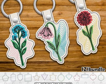 Wild Blumen Stickerei Schlüsselanhänger Design, Snap Schlüsselanhänger Lasche (Digitaler Download) ITH #154yy