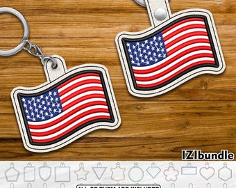 USA Flag Embroidery Keychain Design, Snap & Eyelet Key Fob Tab (Digital Download) ITH