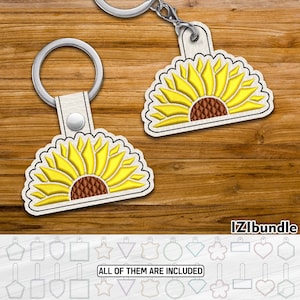 Half Sunflower Embroidery Keychain Design, Snap Eyelet Key Fob Tab (Digital Download) ITH