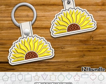 Halbe Sonnenblume Stickerei Schlüsselanhänger Design, Snap Öse Schlüsselanhänger Lasche (digitaler Download) ITH