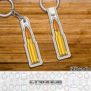 Diseño de llavero bordado con bala de rifle, cierre a presión y ojal (descarga digital) ITH