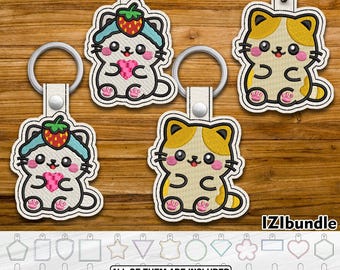 Kawaii Chibi Katzen Stickerei Schlüsselanhänger Design, Snap Key Fob Tab (Digitaler Download) ITH 168yy